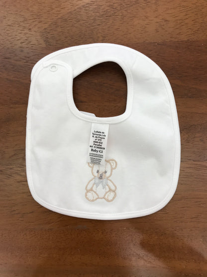 Bavetta Baby Gi in cotone bianco con orsetto ricamato sul davanti con fiocco grigio