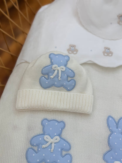 Coordinato nascita Baby Lord in lana con orsetti e coniglietti a pois