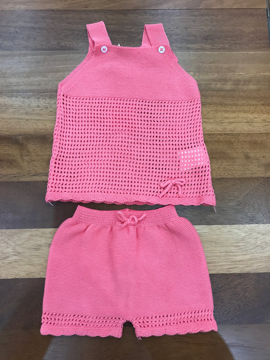 Completo PCS in filo due pezzi traforato color corallo con bretelle e fiocchetto laterale in basso