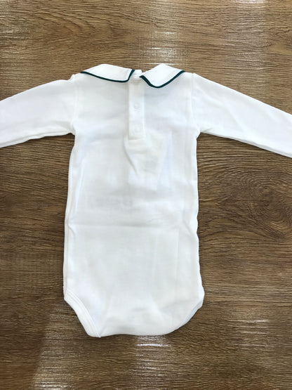Body Petit Bateau in caldo cotone manica lunga con colletto rifinito in verde con ricami sul colletto