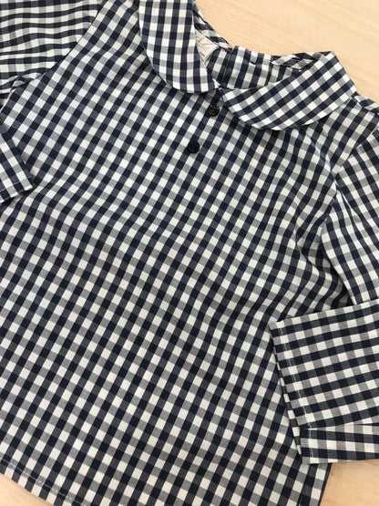 Camicia Paz Rodriguez in cotone manica lunga a quadretti bianchi e blu con collo tondo e bottoni sul retro