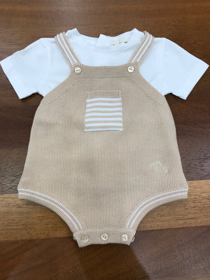 Pagliaccetto Nanan in filo beige con dettagli bianchi con maglietta in cotone mezza manica