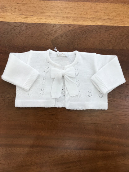 Cardigan Baby Lord in filo bianco manica lunga con fiocco e lavorazione sul davanti
