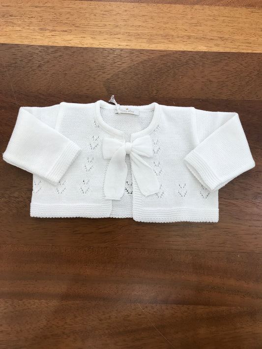 Cardigan Baby Lord in filo bianco manica lunga con fiocco e lavorazione sul davanti