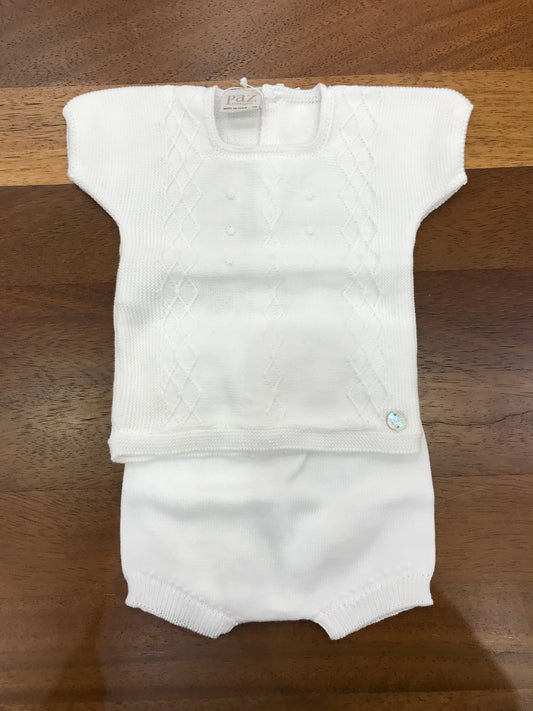 Completo Paz Rodriguez in filo bianco due pezzi mezza manica con lavorazione sul davanti ad incrocio con pois