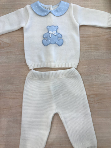 Tutina Baby Lord in lana due pezzi panna con colletto a pois ed orsetto centrale con pois bianchi