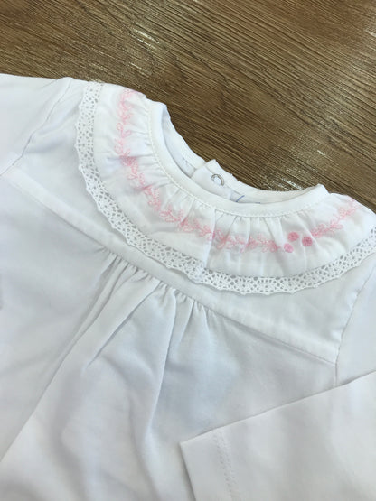 Tutina Laranjinha in cotone intera bianca con collo con rusche ricamata