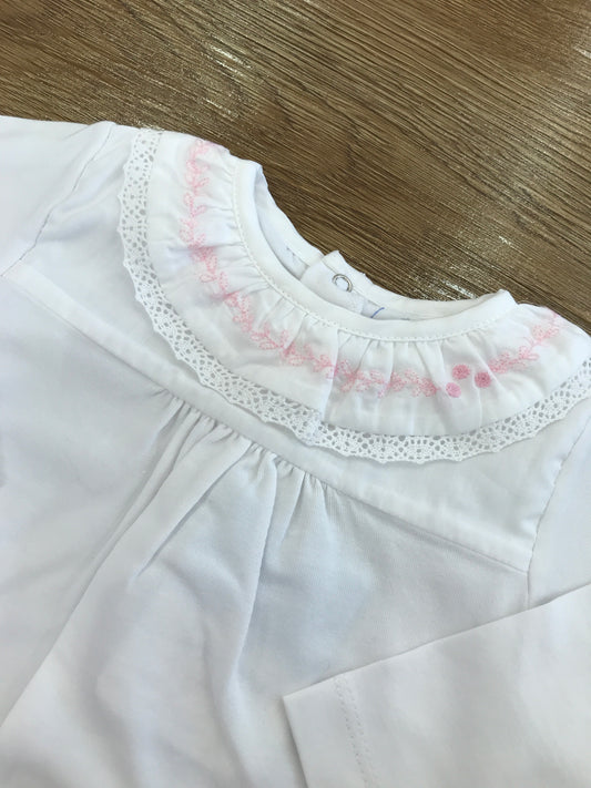 Tutina Laranjinha in cotone intera bianca con collo con rusche ricamata