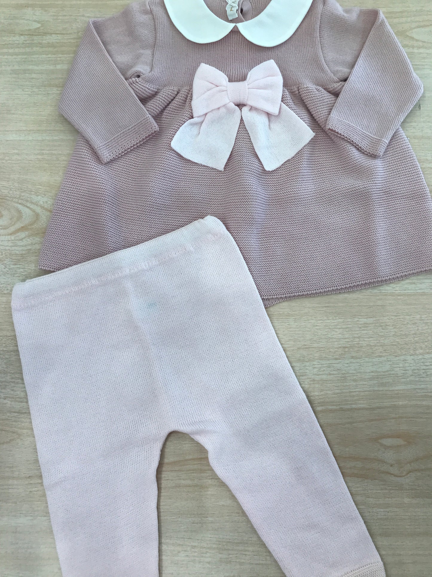 Tutina Baby Lord in filo manica lunga gamba lunga rosa antico con fiocco rosa