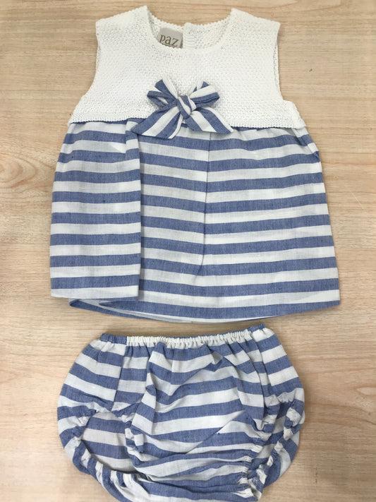 Abito Paz Rodriguez con corpetto in filo bianco con gonna a righe bianche e celesti con culotte abbinata