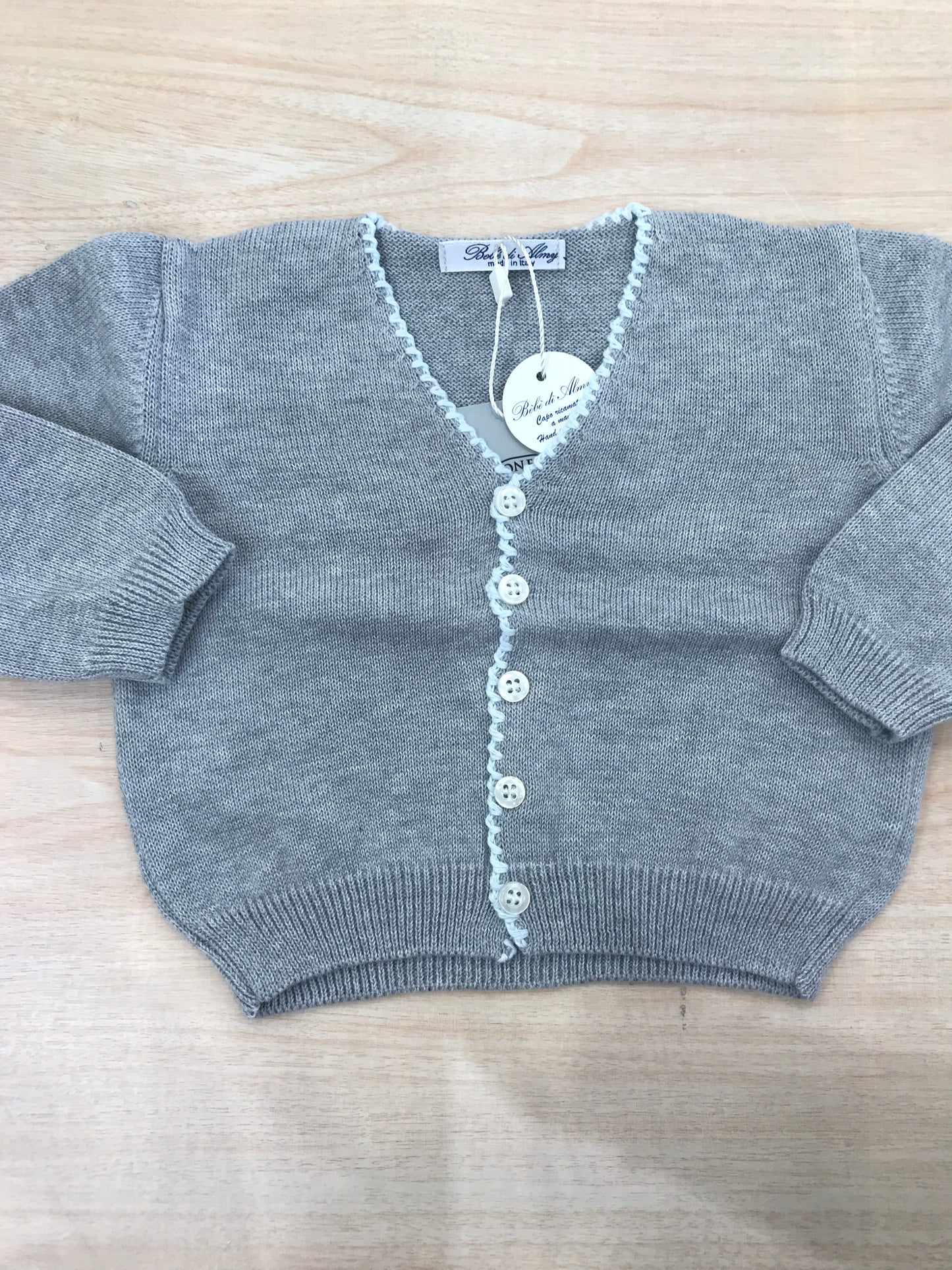 Cardigan Bebè di Almy in filo grigio con rifiniture celesti