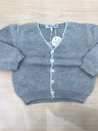 Cardigan Bebè di Almy in filo grigio con rifiniture celesti
