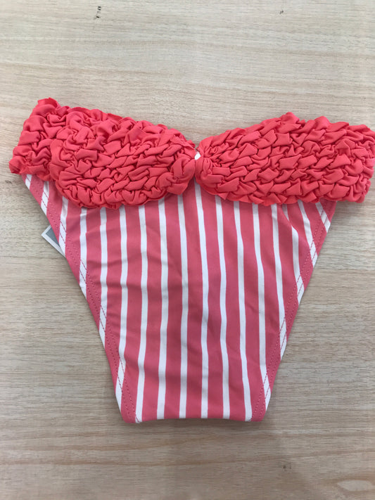 Costume Al Agua Patos a righe corallo e bianche con rusche drappeggio sul retro