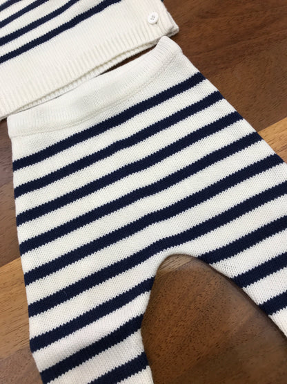 Completino Petit Bateau in lana panna a righe blu scuro con bottoncini laterali