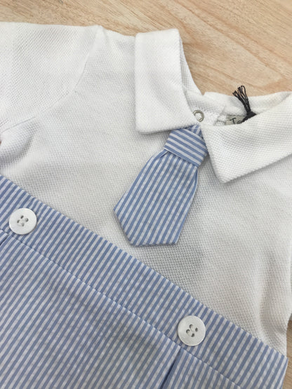 Pagliaccetto Jo Milano in cotone effetto camicia con cravatta a righe bianche e celesti