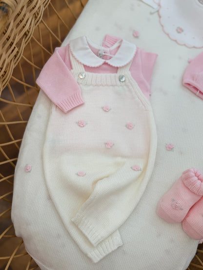 Coordinato nascita Baby Lord in pura lana con rossellina in rilievo con copertina  e salopette completo di cappello e babbucce