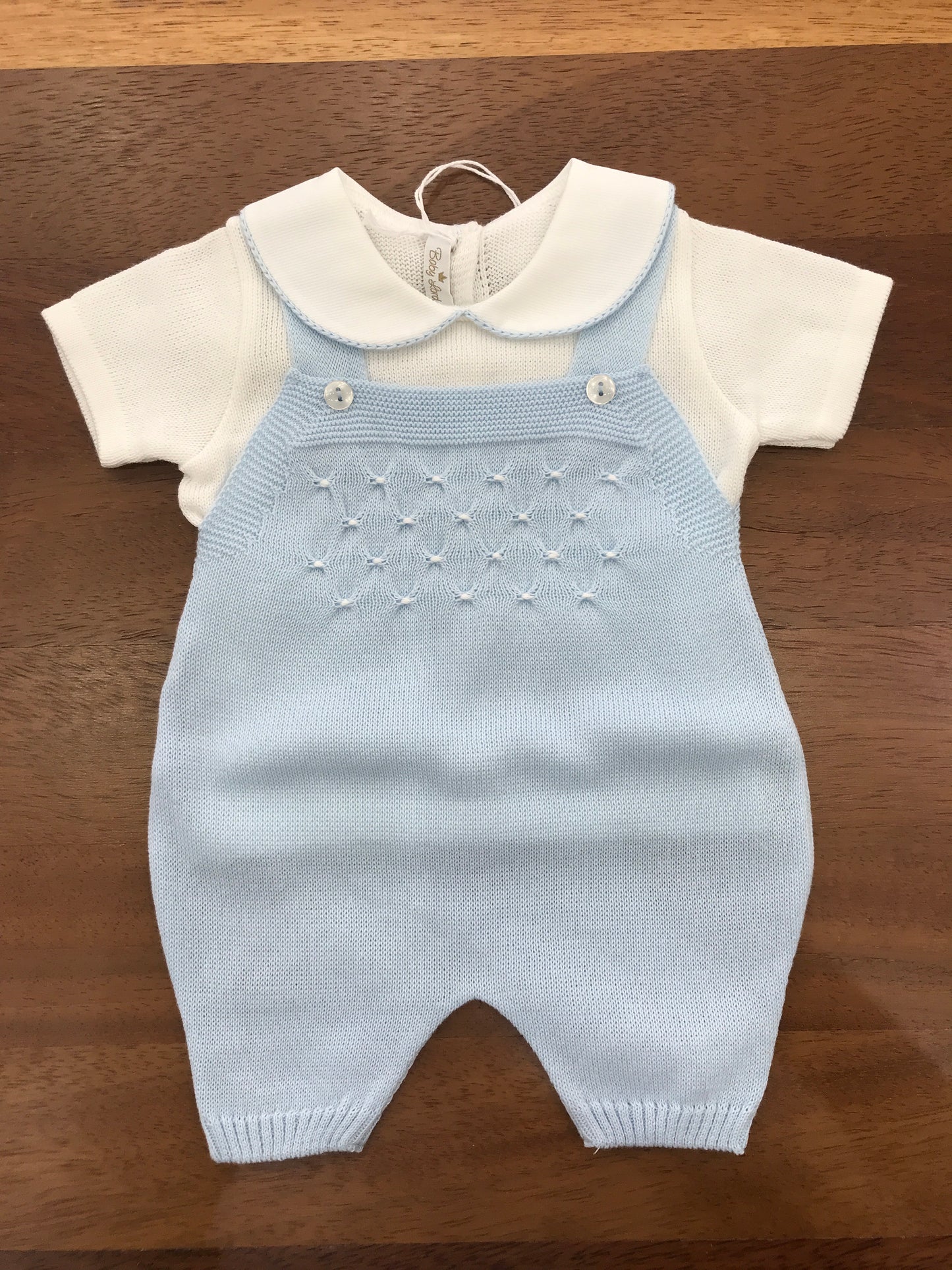 Salopette e Maglietta Baby Lord in filo celeste e bianco mezza manica con lavorazione di punto smock