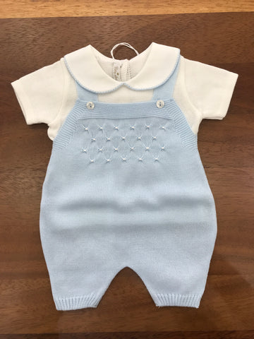 Salopette e Maglietta Baby Lord in filo celeste e bianco mezza manica con lavorazione di punto smock