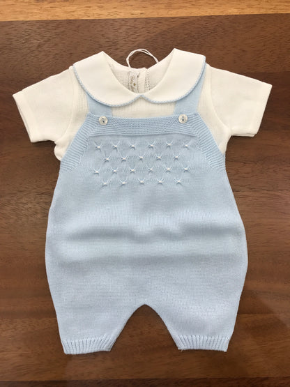 Salopette e Maglietta Baby Lord in filo celeste e bianco mezza manica con lavorazione di punto smock