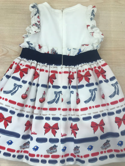 Abito Byblos smanicato con rusche con gonna decorato con piccoli disegni colorati con fascia blu in vita