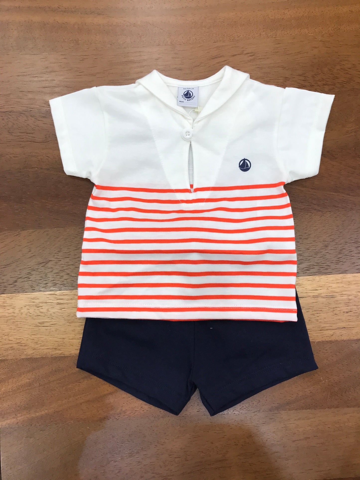 Completino Petit Bateau in cotone due pezzi a righe mezza manica con collo marinaretto