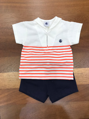Completino Petit Bateau in cotone due pezzi a righe mezza manica con collo marinaretto