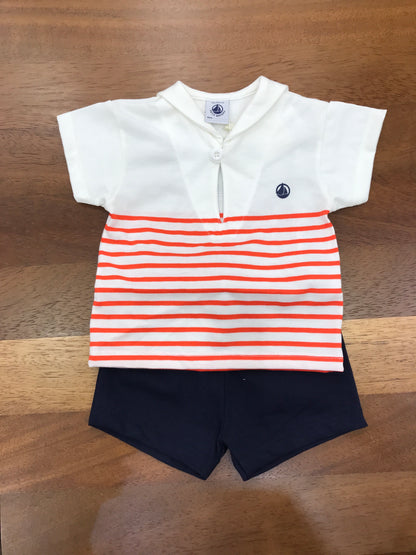 Completino Petit Bateau in cotone due pezzi a righe mezza manica con collo marinaretto