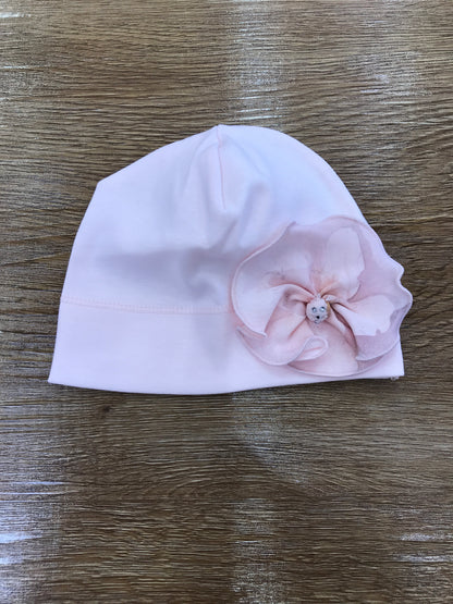 Coordinato Sofija in caldo cotone rosa mussola con cappellino e tutina intera decorati da camelie