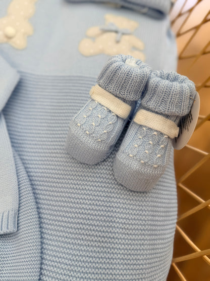 Coordinato nascita Baby Lord in pura lana con due pezzi con applicazione di orsetto e cappello con babbuccia coordinata