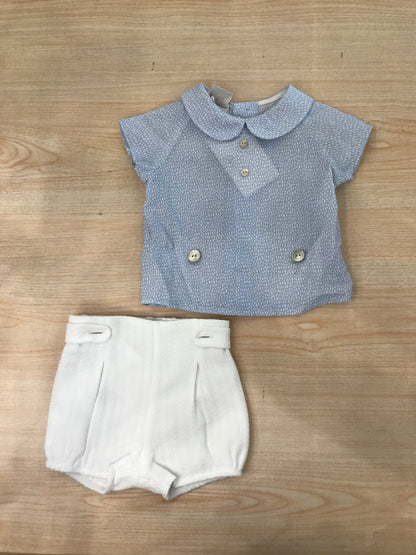 Completo Paz Rodriguez in cotone camicia mezza manica celeste con pois bianchi con pantalone corto bianco