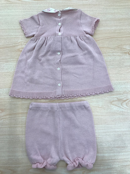 Completo Baby Lord in filo due pezzi dal rosa antico con fiocco e passanastro con fiori e collo come il fiocco floreale