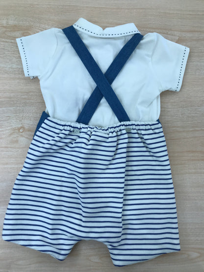 Completo Paz Rodriguez in cotone salopette con bretelle a righe bianche e blu con body bianco mezza manica