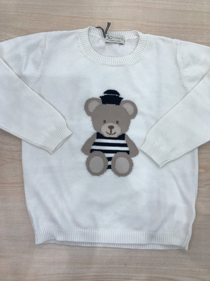 Maglione Jo Milano in filo manica lunga panna con orsetto marinaretto centrale
