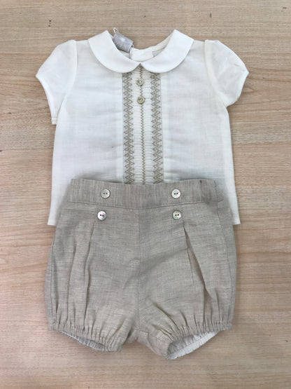 Completo Paz Rodriguez camicia mezza manica con lavorazione centrale tortora con pantalone corto tortora