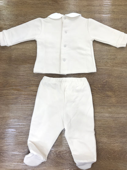 Tutina Nanan due pezzi in caldo cotone beige con piedini con collo bianco tondo con orsetto sul davanti