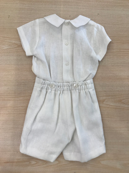 Completo Belan in lino bianco due pezzi camicia mezza manica con bermuda con ricamo sul davanti