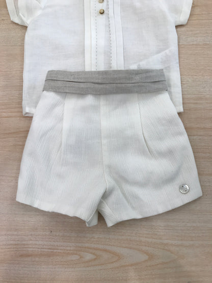 Completo Paz Rodriguez camicia mezza manica con pieghe con pantalone corto con fascia tortora