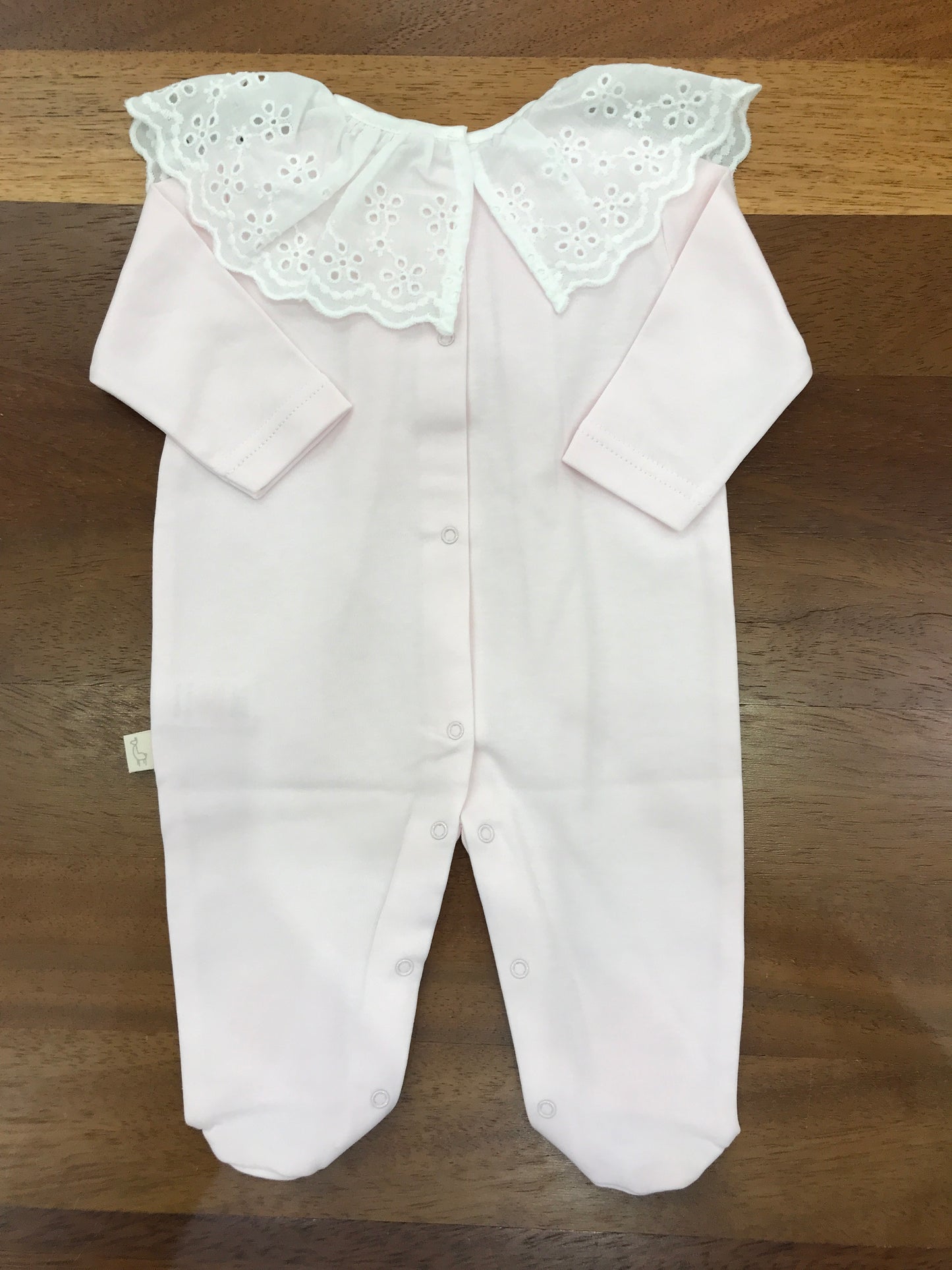 Tutina Baby Gi in cotone manica lunga gamba lunga con collo in san gallo smerlato