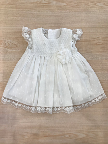 Abito Paz Rodriguez in cotone smanicato con rusche con rifinitura in tulle e fiore sul davanti laterale