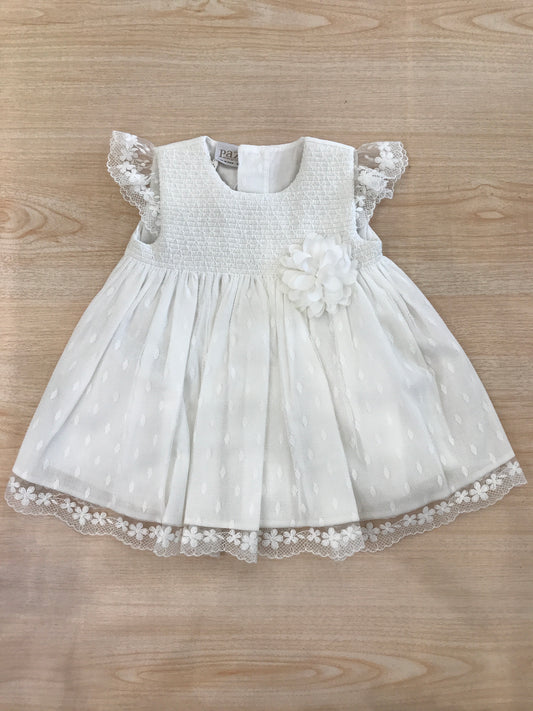 Abito Paz Rodriguez in cotone smanicato con rusche con rifinitura in tulle e fiore sul davanti laterale
