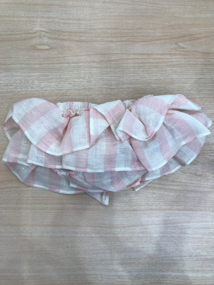 Culotte Fofettes in lino a righe bianche e rosa con rusche e fiocco sul retro