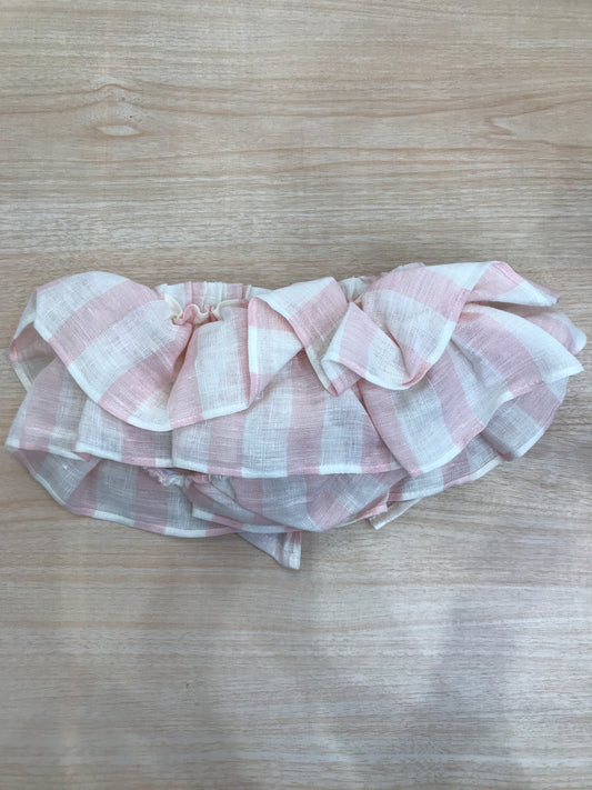 Culotte Fofettes in lino a righe bianche e rosa con rusche e fiocco sul retro
