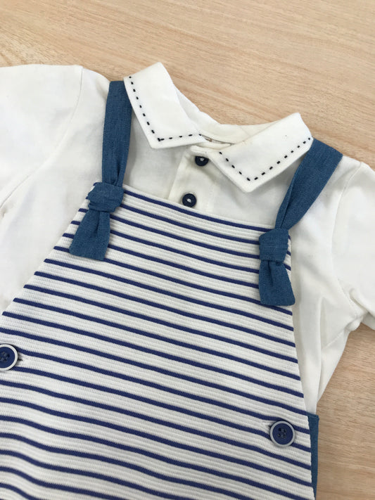 Completo Paz Rodriguez in cotone salopette con bretelle a righe bianche e blu con body bianco mezza manica