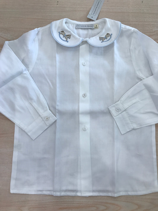Camicia Nicoletta Fanna in cotone manica lunga con colletto rifinito in celeste e cavallo a dondolo