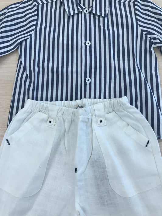 Completo Juppolà camicia a righe bianche e blu con pantalone lungo in lino bianco