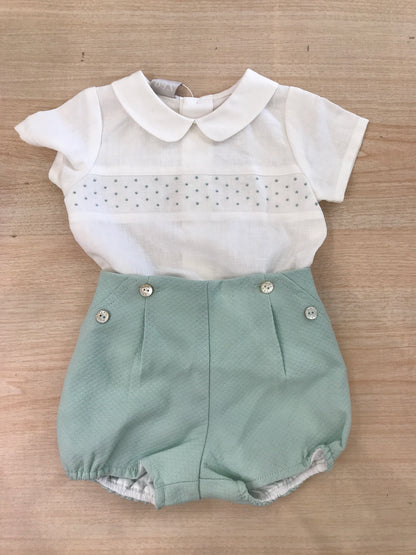 Completo Paz Rodriguez in cotone camicia mezza manica con corpetto lavorato con pois verdi con pantalone corto verde