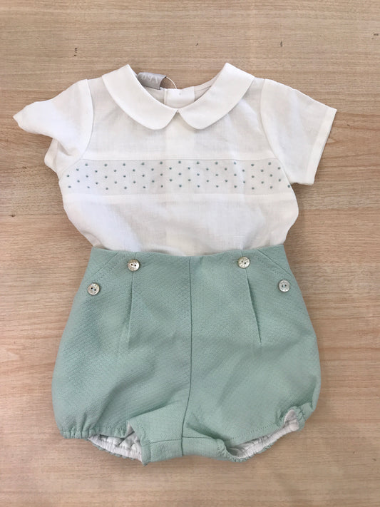 Completo Paz Rodriguez in cotone camicia mezza manica con corpetto lavorato con pois verdi con pantalone corto verde