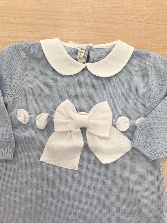 Tutina Baby Lord in filo manica lunga gamba lunga con collo tondo bianco con passanastro e fiocco sul davanti