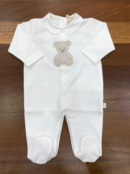 Tutina Baby Gi panna in cotone manica lunga gamba lunga con piedini con orsetto ricamato sul davanti