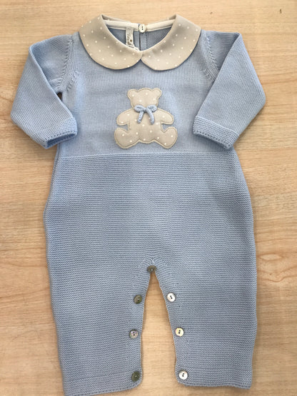 Tutina Baby Lord in lana celeste intera con colletto tortora e pois bianchi ed orsetto centrale